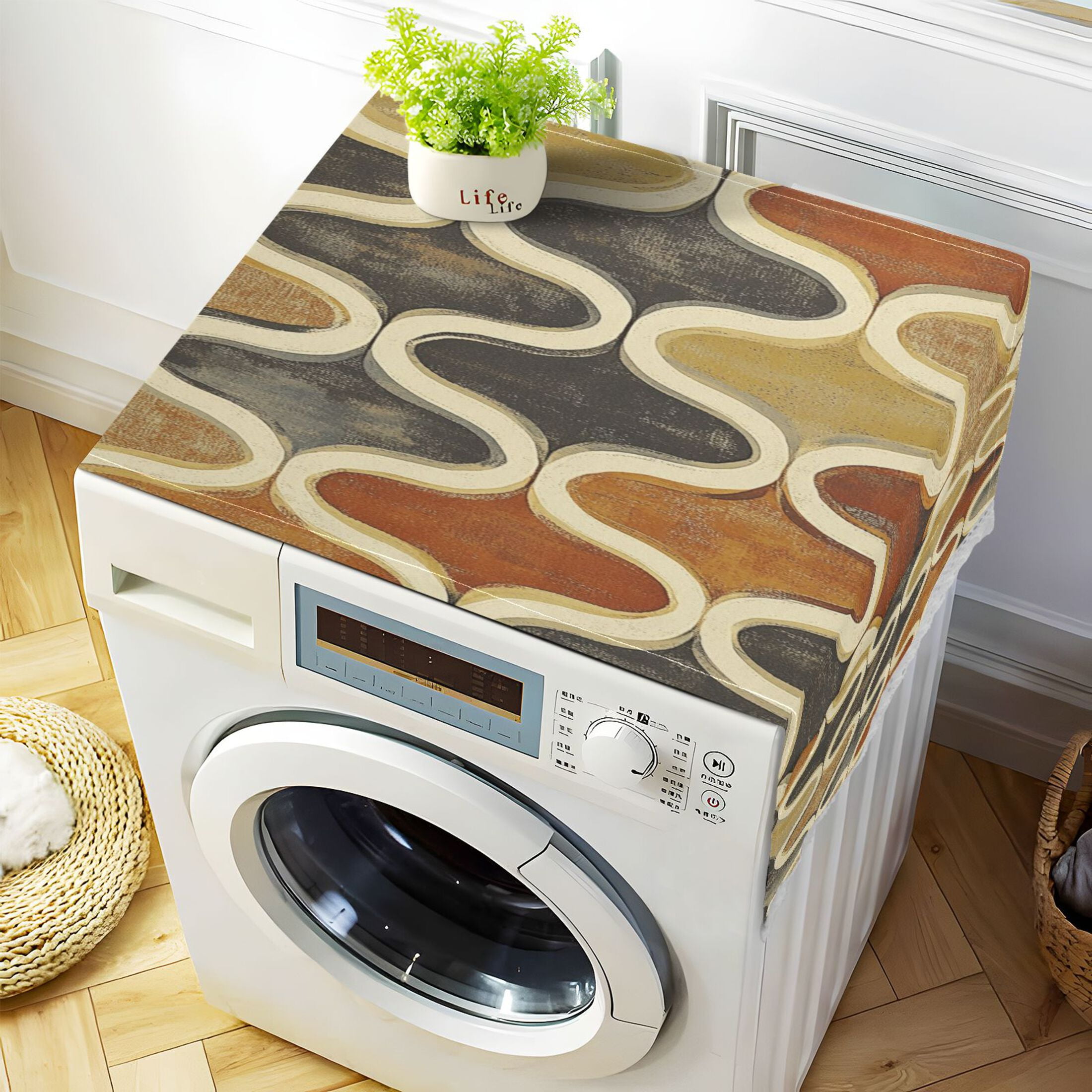 Retro CarpetWasher and Dryer Covers Dust-Proof and Oil Resistant Fridge Cover with 4 Storage Pockets Washing Machine Top Cover for Laundry Kitchen Home 51.2 x 22 In