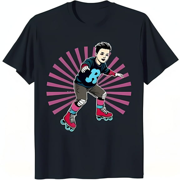 Retro Cartoon Boy on Skates Graphic T-Shirt Dark Blue with Pink Stripes
