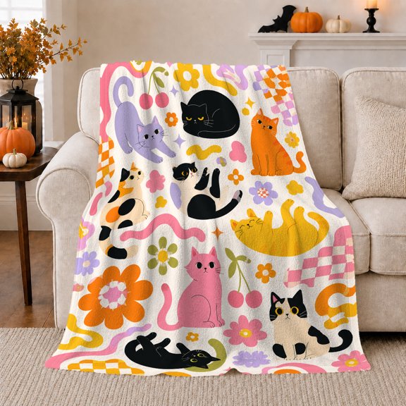 Retro Cartoon Cats with Flowers and Cherries, Playful Flat Illustration for Cat Lovers, Autumn Sofa Scene and Birthday Gift, Cozy Flannel Blanket for Living Room and Reading Nook, Home Decor