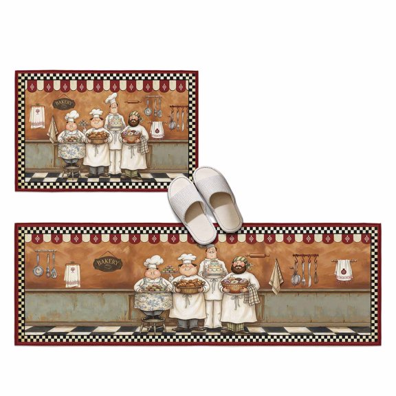 Retro Cartoon Chef 2 Pieces Non-Slip Kitchen Mat Set, Cook Vintage Medieval Food Farmhouse Red Soft Door Mat with Rubber Backing, Dirtproof Rugs for Entrance Doorway, 23.6x35.4in+23.6x70.9in
