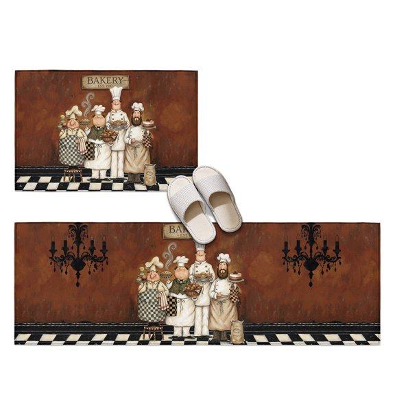 Retro Cartoon Chef 2 Pieces Non-Slip Kitchen Mat Set, Vintage Cook Medieval Food Farmhouse Soft Door Mat with Rubber Backing, Dirtproof Rugs for Entrance Doorway, 23.6x35.4in+23.6x70.9in
