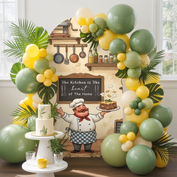 Retro Cartoon Chef Arch Backdrop Cover, 4FT, Vintage Classic Food Farmhouse Rustic Kitchen Spandex Arch Covers Double-Sided Backdrop for Wedding Birthday Party Photo Background Decoration