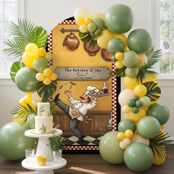 Retro Cartoon Chef Arch Backdrop Cover, 4FT, Vintage Food Farmhouse Rustic Classic Kitchen Spandex Arch Covers Double-Sided Backdrop for Wedding Birthday Party Photo Background Decoration