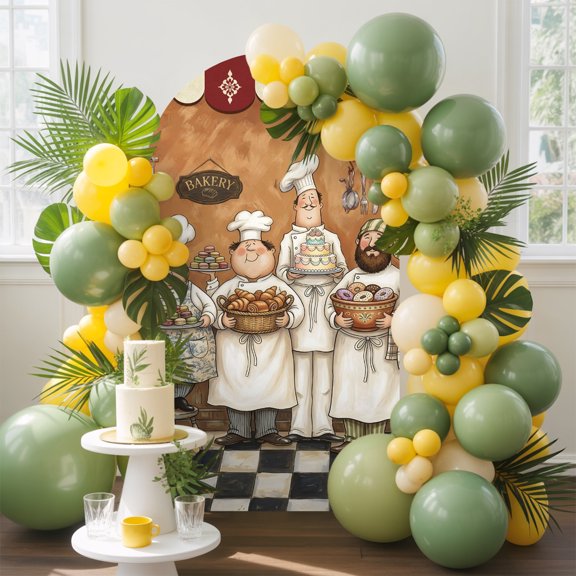 Retro Cartoon Chef Arch Backdrop Cover, 5FT, Cook Vintage Medieval Food Farmhouse Spandex Arch Covers Double-Sided Backdrop for Wedding Birthday Party Photo Background Decoration