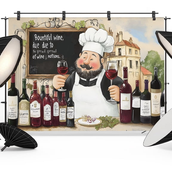 Retro Cartoon Chef Backdrops for Photography, Vintage Wine Glass Traditional Farmhouse Fabric Photo Background Sturdy Studio Props for Photo Studio, Video Recording, Booth & Photoshoot 7x5ft