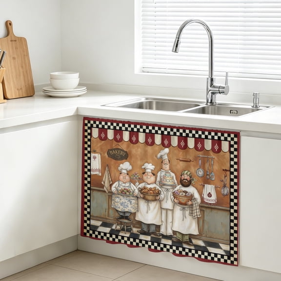 Retro Cartoon Chef Cabinet Curtain, Cook Vintage Medieval Food Farmhouse Red Sink Skirt for Bathroom, Under Sink shelf Curtain Privacy Drape for Kitchen Laundry Room 10x11in