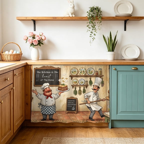 Retro Cartoon Chef Cabinet Curtains 11" W x 13" L, Vintage Classic Food Farmhouse Rustic Kitchen Under-Desk Privacy Dust Proof Drape Dishwasher Curtain Sink Skirt for Kitchen Closet Bathroom Laundry