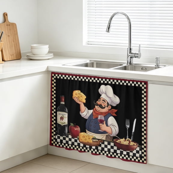 Retro Cartoon Chef Cabinet Curtains for Kitchen 10"W x 11"L, Vintage Wine Cheese Farmhouse Traditional Black Under Sink Skirt Magic Tape Short Curtain Decorative Privacy Panel for Bathroom Laundry