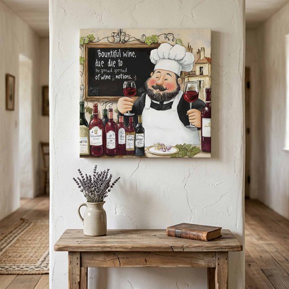 Retro Cartoon Chef Canvas Wall Art for Living Room Bedroom Bathroom, Vintage Wine Glass Traditional Farmhouse Canvas Art Wall Decor, Artwork for Walls Home Office Decor, 8"x8"