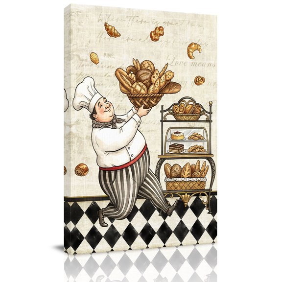 Retro Cartoon Chef Canvas Wall Art for Living Room, Vintage Break Farmhouse Rustic Traditional Food Beige Poster Print Painting for Bedroom Office Home Decoration Wall Pictures Prepare To Hang 8"x12"