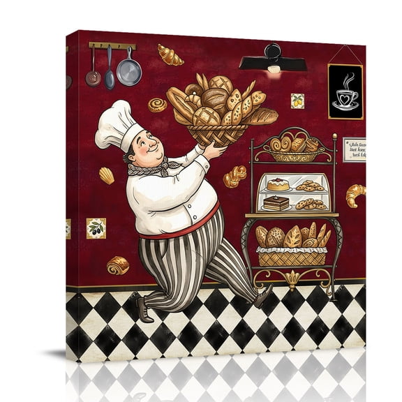 Retro Cartoon Chef Canvas Wall Art for Living Room, Vintage Break Farmhouse Traditional Food Rustic Poster Print Painting for Bedroom Office Home Decoration Wall Pictures Prepare To Hang 8"x8"