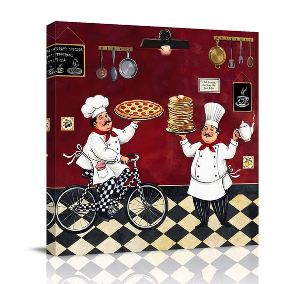 Retro Cartoon Chef Canvas Wall Art for Living Room, Vintage Classic Pizza Food Rustic Red Farmhouse Poster Print Painting for Bedroom Office Home Decoration Wall Pictures Prepare To Hang 12"x12"