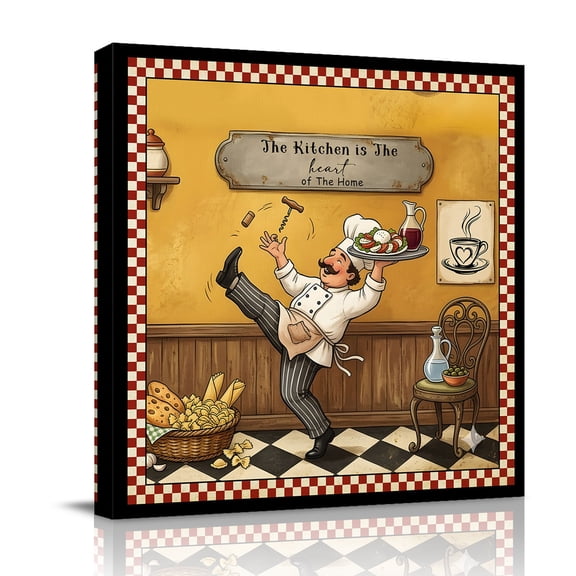 Retro Cartoon Chef Canvas Wall Art for Living Room, Vintage Food Farmhouse Rustic Classic Kitchen Wall Decor Framed Artwork Pictures Ready to Hang for Bedroom Office Home Decor