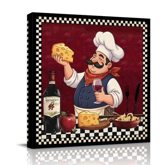 Retro Cartoon Chef Canvas Wall Art for Living Room, Vintage Wine Cheese Farmhouse Traditional Red Poster Print Painting for Bedroom Office Home Decoration Wall Pictures Prepare To Hang 8"x8"