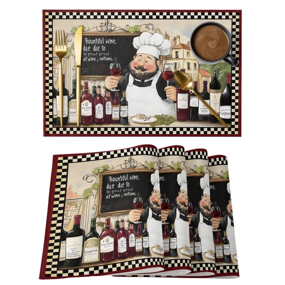 Retro Cartoon Chef Cotton Linen Placemats Set of 4, Vintage Wine Glass Traditional Farmhouse Red Washable Table Place Mats Heat Insulating Placemat for Dining Room Kitchen Daily Use 13 x 19 Inch