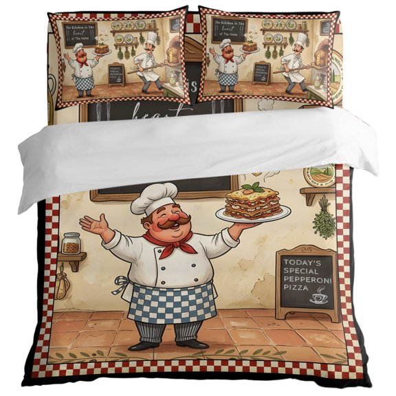 Retro Cartoon Chef Duvet Cover Set Full Size, Vintage Classic Food Farmhouse Rustic Kitchen Red 4 Piece Bedding Set with Zipper Closure & Corner Ties Soft Breathable Comforter Cover for Bedroom