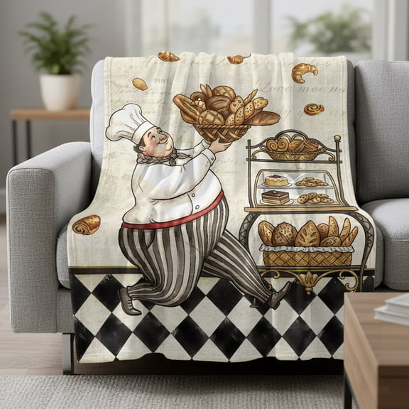 Retro Cartoon Chef Fleece Throw Blanket Vintage Break Farmhouse Rustic Traditional Food Beige Ultra Soft Fuzzy Cozy Flannel Throw Blanket for Couch Sofa Bed Car Travel, Ideal Gifts 30x40 Inches