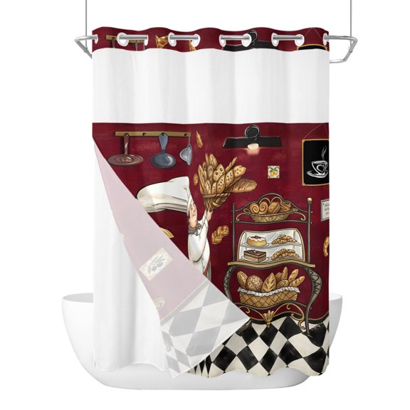Retro Cartoon Chef No Hook Shower Curtain with Snap in Liner, Vintage Break Farmhouse Traditional Food Rustic Waterproof Shower Curtains with See Through Top Window Liner for Bathroom, 72x84 Inches