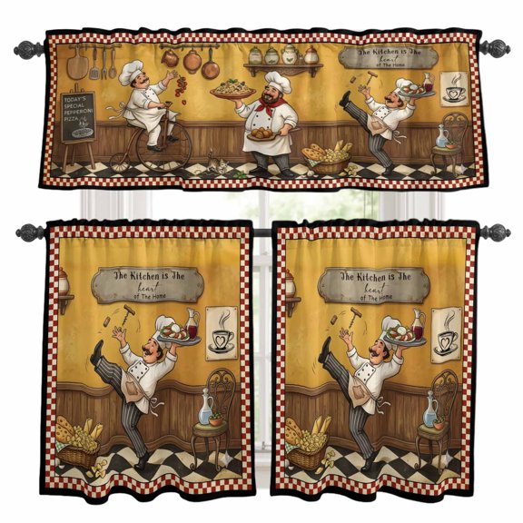 Retro Cartoon Chef Kitchen Curtains Set for Windows, Vintage Food Farmhouse Rustic Classic Kitchen Curtains Valance and Tier 3 Piece Set Small Drapes 24 Inch Length for Kitchen Bedroom Decor