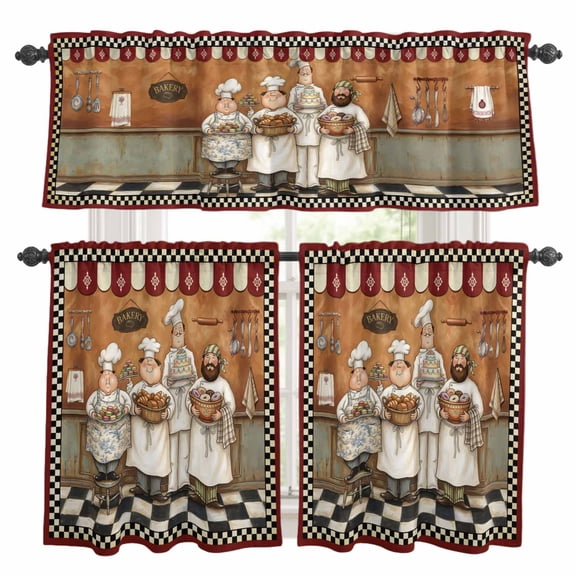 Retro Cartoon Chef Kitchen Curtains and Valances Set, Cook Vintage Medieval Food Farmhouse Red Rod Pocket Window Valance Window Curtain Panels for Living Room Bedroom Laundry, 27.5x24in, 3 Pieces