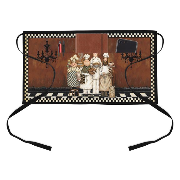 Retro Cartoon Chef Kitchen Restaurant Half Waist Apron, Cook Vintage Medieval Food Farmhouse Black Plaid Server Short Apron with 3 Pockets Waterproof Oil Waist Aprons for Women Waitress Waiter
