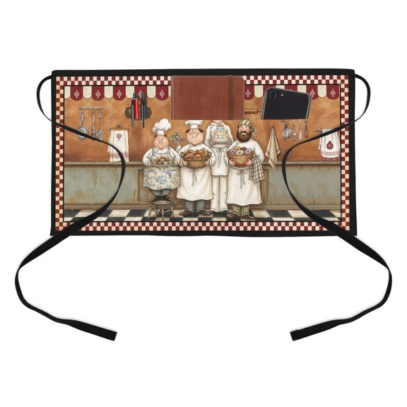 Retro Cartoon Chef Kitchen Restaurant Half Waist Apron, Cook Vintage Medieval Food Farmhouse Black Server Short Apron with 3 Pockets Waterproof Oil Waist Aprons for Women Waitress Waiter