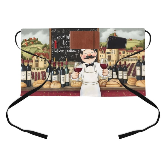 Retro Cartoon Chef Kitchen Restaurant Half Waist Apron, Vintage Wine Glass Farmhouse Traditional Server Short Apron with 3 Pockets Waterproof Oil Waist Aprons for Women Waitress Waiter