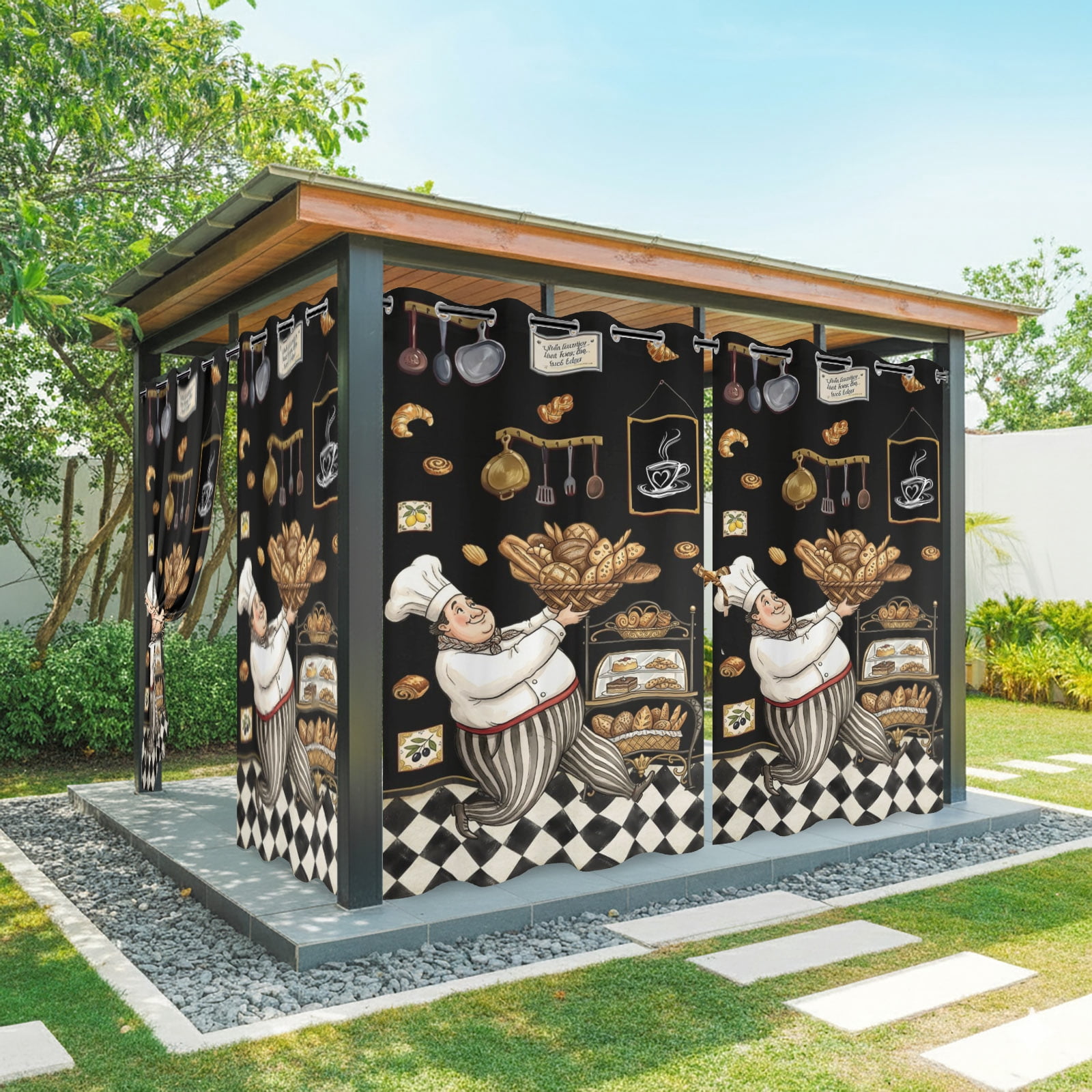 Retro Cartoon Chef Outdoor Curtains for Patio, Vintage Break Farmhouse Traditional Food Black Sunshade Privacy Drapes Grommet Waterproof Outside Curtains for Porch/Cabana/Balcony 54"x 108", 1 Panel