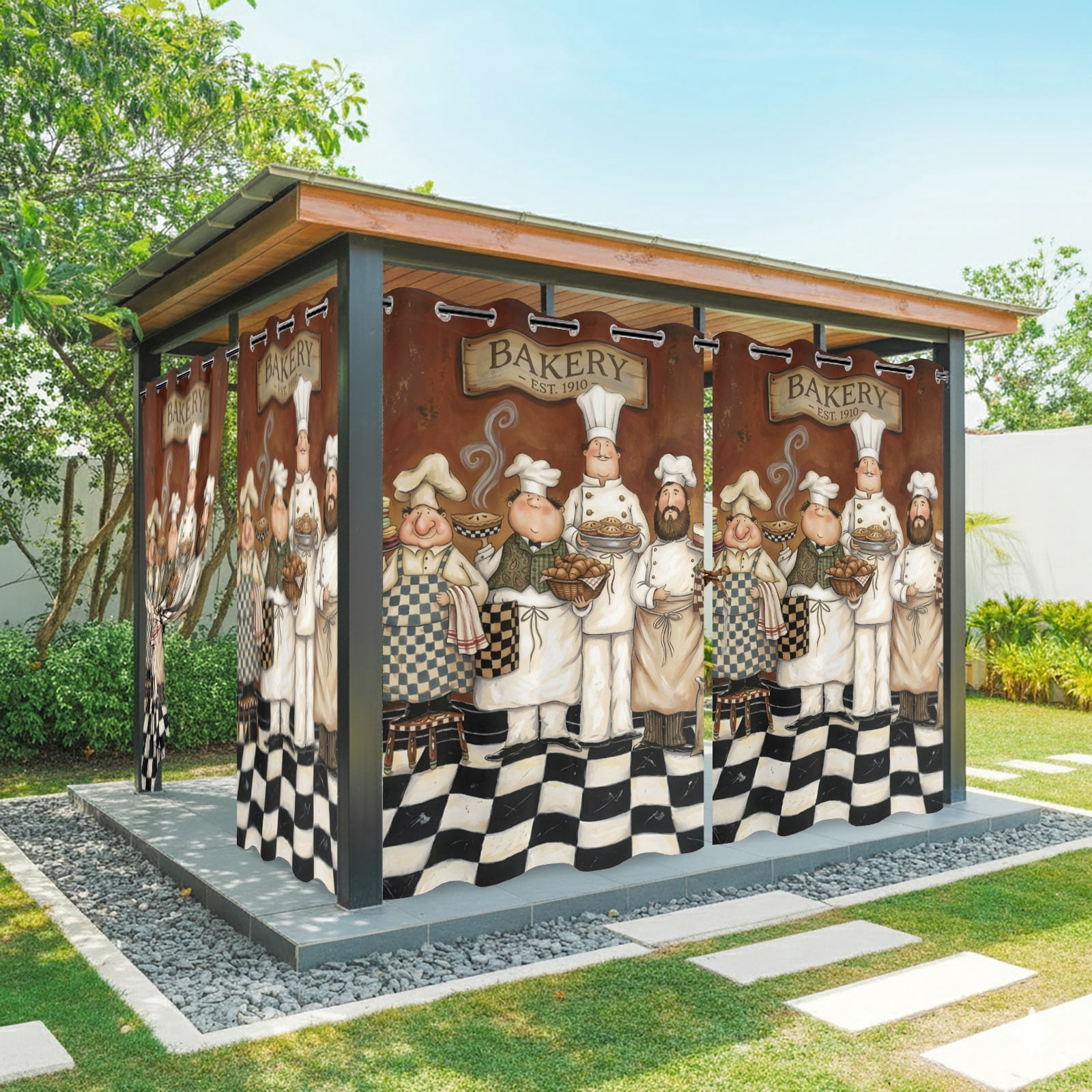 Retro Cartoon Chef Outdoor Curtains for Patio, Vintage Cook Medieval Food Farmhouse Sunshade Privacy Drapes Grommet Waterproof Outside Curtains for Porch/Cabana/Balcony 54"x 108", 1 Panel