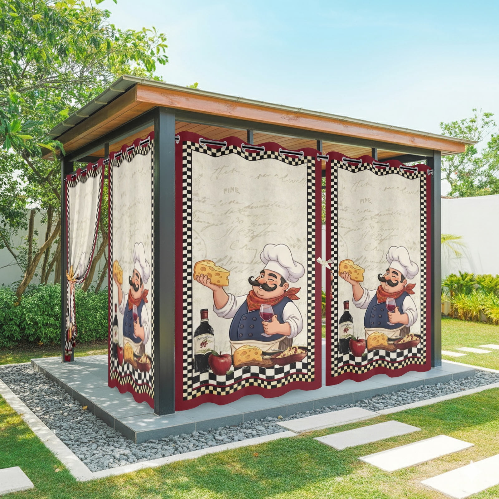 Retro Cartoon Chef Outdoor Curtains for Patio, Vintage Wine Cheese Farmhouse Traditional Black Plaid Sunshade Privacy Drapes Grommet Waterproof Outside Curtains for Porch Balcony 54"x108", 2 Panel