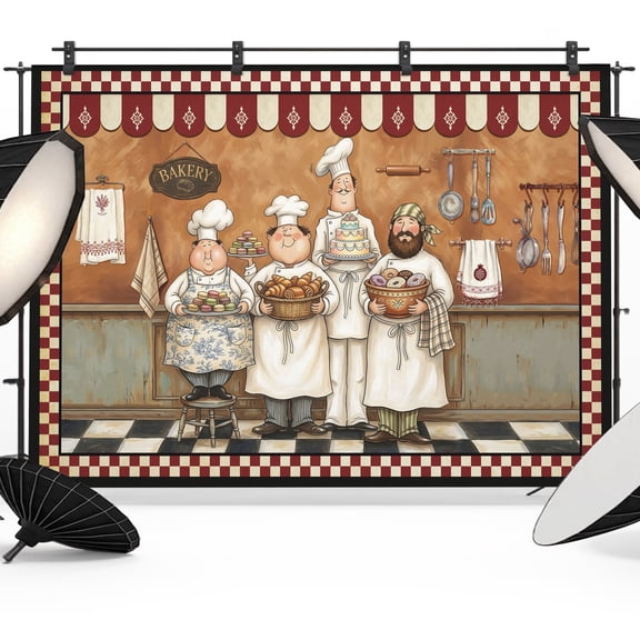 Retro Cartoon Chef Photography Backdrop 7x5FT, Cook Vintage Medieval Food Farmhouse Black Photo Backdrops, Background for Photography Studio Photo Studio Background, Back Drop for Photoshoot