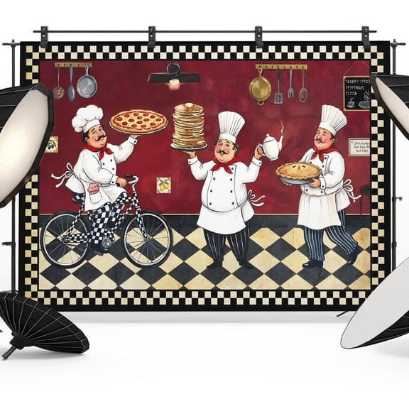 Retro Cartoon Chef Photography Backdrop 7x5FT, Vintage Classic Pizza Food Farmhouse Rustic Red Photo Backdrops, Background for Photography Studio Photo Studio Background, Back Drop for Photoshoot