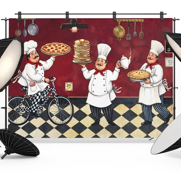 Retro Cartoon Chef Photography Backdrop 7x5FT, Vintage Classic Pizza Food Rustic Red Farmhouse Photo Backdrops, Background for Photography Studio Photo Studio Background, Back Drop for Photoshoot