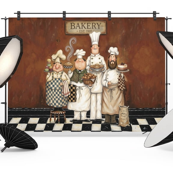 Retro Cartoon Chef Photography Backdrop 7x5FT, Vintage Cook Medieval Food Farmhouse Photo Backdrops, Background for Photography Studio Photo Studio Background, Back Drop for Photoshoot
