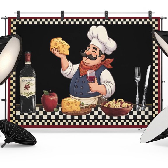 Retro Cartoon Chef Photography Backdrop 7x5FT, Vintage Wine Cheese Farmhouse Traditional Black Photo Backdrops, Background for Photography Studio Photo Studio Background, Back Drop for Photoshoot