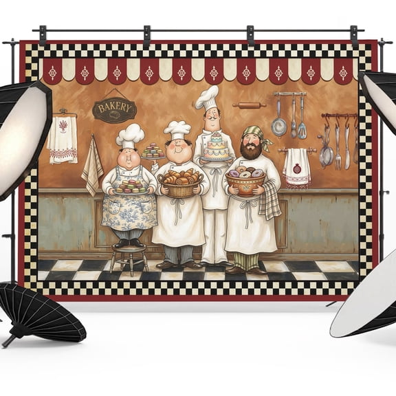 Retro Cartoon Chef Photography Backdrop 8x6FT, Cook Vintage Medieval Food Farmhouse Red Photo Backdrops, Background for Photography Studio Photo Studio Background, Back Drop for Photoshoot