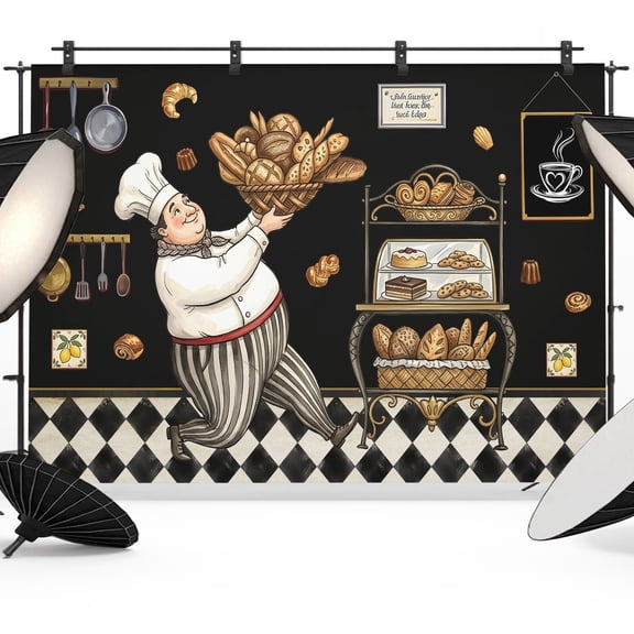 Retro Cartoon Chef Photography Backdrop 8x6FT, Vintage Break Farmhouse Traditional Food Black Photo Backdrops, Background for Photography Studio Photo Studio Background, Back Drop for Photoshoot
