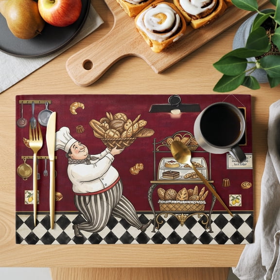 Retro Cartoon Chef Placemats Set of 1, Vintage Break Farmhouse Traditional Food Rustic Non-Slip Place Mats Washable Table Mats for Kitchen Dining Table Decorations Indoor/Outdoor