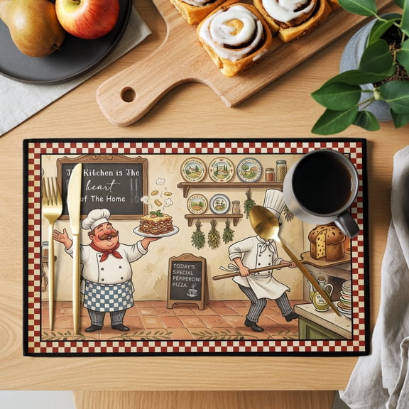Retro Cartoon Chef Placemats Set of 1, Vintage Classic Food Farmhouse Rustic Kitchen Red Non-Slip Place Mats Washable Table Mats for Kitchen Dining Table Decorations Indoor/Outdoor