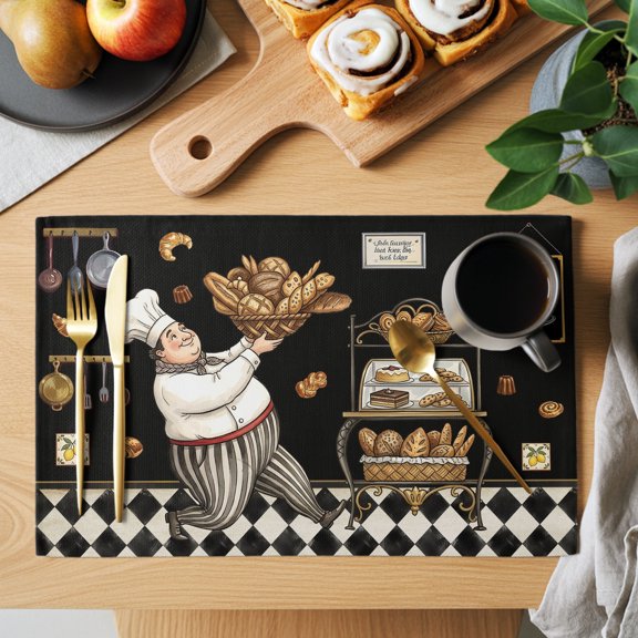 Retro Cartoon Chef Placemats Set of 12, Vintage Break Farmhouse Traditional Food Black Non-Slip Place Mats Washable Table Mats for Kitchen Dining Table Decorations Indoor/Outdoor