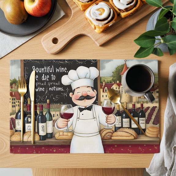 Retro Cartoon Chef Placemats Set of 12, Vintage Wine Glass Farmhouse Traditional Non-Slip Place Mats Washable Table Mats for Kitchen Dining Table Decorations Indoor/Outdoor
