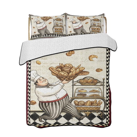 Retro Cartoon Chef Quilts Bedding Set California King Vintage Break Farmhouse Rustic Traditional Food Lightweight Quilted Bedspread 3 Piece Bed Quilt with 2 Pillow Shams for Bedroom 96" x 106"