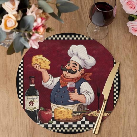 Retro Cartoon Chef Round Braided Placemats Set of 2, Vintage Wine Cheese Farmhouse Traditional Red Heat Insulation Place Mats Washable Non-Slip Table Mats for Kitchen Dining Party, 13 Inches
