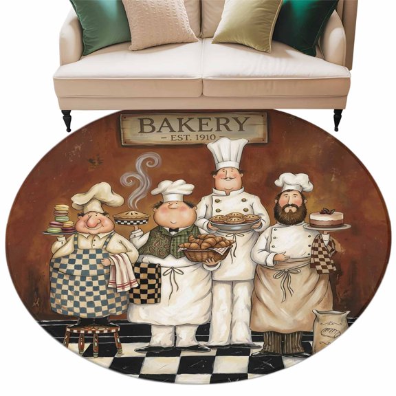 Retro Cartoon Chef Round Living Room Rugs 7 ft, Vintage Cook Medieval Food Farmhouse Washable Area Rug with Non-Slip Sturdy Edge Binding Round Carpet for Kitchen Office Bedroom