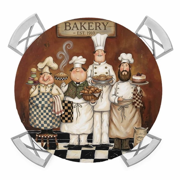 Retro Cartoon Chef Round Table Cover, Cook Vintage Medieval Food Farmhouse Black Plaid Waterproof Fitted Tablecloths for 36"-44" Tables, Washable Picnic Table Cover for Camping Dining Indoor Outdoor