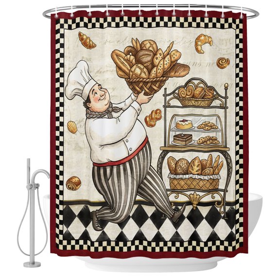 Retro Cartoon Chef Shower Curtain for Bathroom, Vintage Break Farmhouse Rustic Traditional Food Waterproof Cloth Fabric Bathroom Accessories Set with 12 Rust Proof Plastic Hooks, 72"x96"