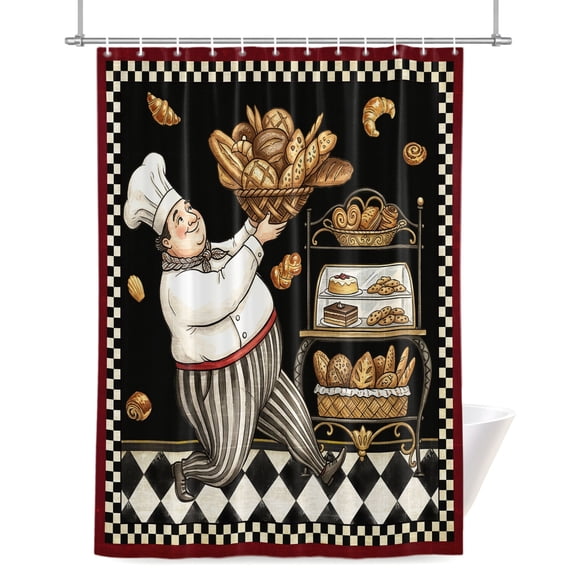 Retro Cartoon Chef Shower Curtain, Vintage Break Farmhouse Traditional Food Black Plaid Waterproof Shower Curtain Set with 12 Hooks Lightweight Bath Curtains Fabric Bathroom Decor 72x78 Inches