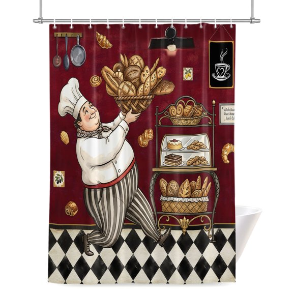 Retro Cartoon Chef Shower Curtain, Vintage Break Farmhouse Traditional Food Rustic Waterproof Shower Curtain Set with 12 Hooks Lightweight Bath Curtains Fabric Bathroom Decor 36x72 Inches