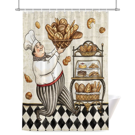 Retro Cartoon Chef Shower Curtains for Bathroom, Vintage Break Farmhouse Rustic Traditional Food Beige Waterproof Fabric Shower Curtain for Bathroom Bathtub Decoration, Machine Washable 72"x72"