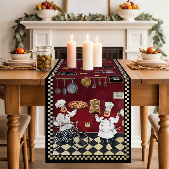 Retro Cartoon Chef Table Runner, Vintage Classic Pizza Food Farmhouse Rustic Red Washable Cotton-linen Table Runners Dining Kitchen Decoration for Everyday Home Wedding Party Decor, 13 x 60 Inch